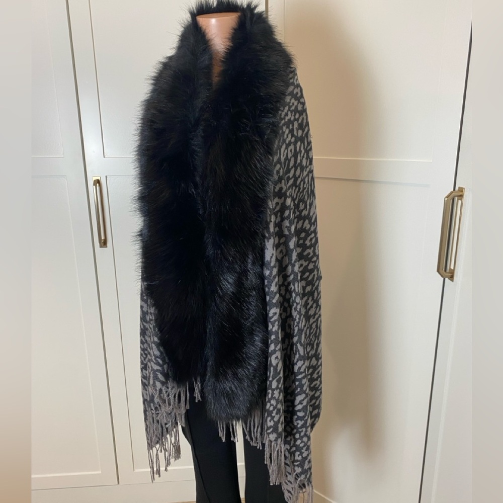 Love Token Black and Gray Cape with Faux Fur Trim